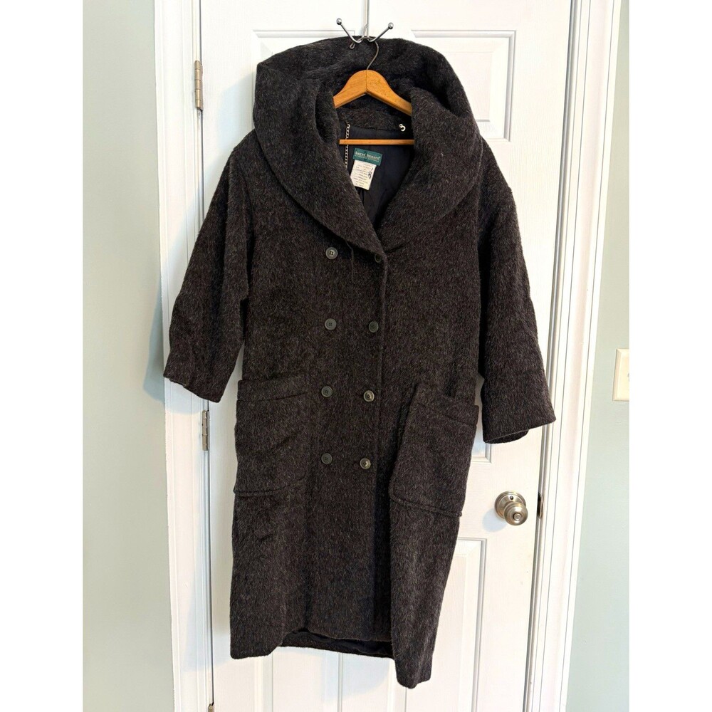 Vintage Harve Benard Alpaca Mohair Wool Long Hooded Coat Double Breasted Gray 10